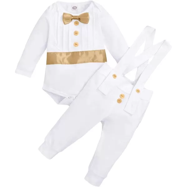 IDOPIP Baby Boy Baptism Christening Outfit Gentleman Bowtie Romper Suspenders Pants First Birthday Wedding Party Tuxedo SuitGold  Long Sleeve