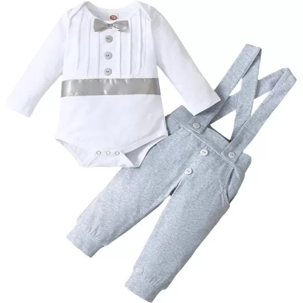 IDOPIP Baby Boy Baptism Christening Outfit Gentleman Bowtie Romper Suspenders Pants First Birthday Wedding Party Tuxedo SuitWhite  Gray  Long Sleeve