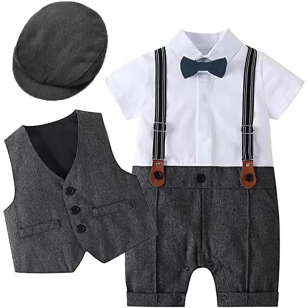 IDOPIP Baby Boy Gentleman Outfit Formal Tuxedo Suit Bowtie Romper Overalls with Vest Hat Birthday Wedding Party ClothesBlack  Short Sleeve