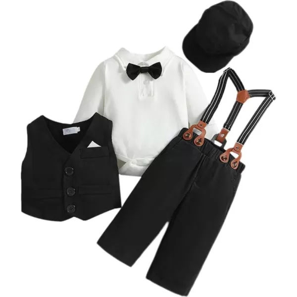 IDOPIP Baby Boy Gentleman Outfit Formal Tuxedo Suit Bowtie Romper Overalls with Vest Hat Birthday Wedding Party ClothesBlack 5pcs