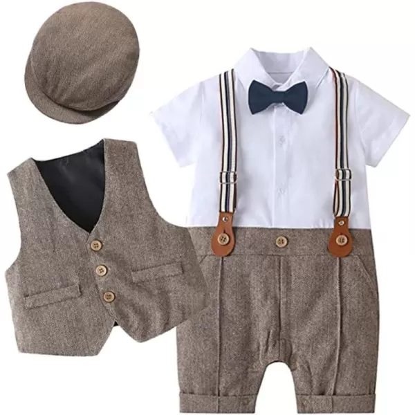 IDOPIP Baby Boy Gentleman Outfit Formal Tuxedo Suit Bowtie Romper Overalls with Vest Hat Birthday Wedding Party ClothesBrown  Short Sleeve