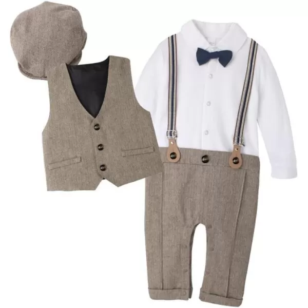 IDOPIP Baby Boy Gentleman Outfit Formal Tuxedo Suit Bowtie Romper Overalls with Vest Hat Birthday Wedding Party ClothesBrown 4pcs