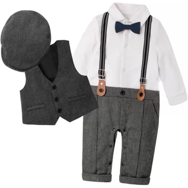 IDOPIP Baby Boy Gentleman Outfit Formal Tuxedo Suit Bowtie Romper Overalls with Vest Hat Birthday Wedding Party ClothesGray 4pcs