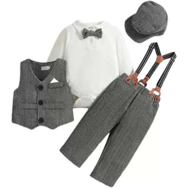 IDOPIP Baby Boy Gentleman Outfit Formal Tuxedo Suit Bowtie Romper Overalls with Vest Hat Birthday Wedding Party ClothesGray 5pcs