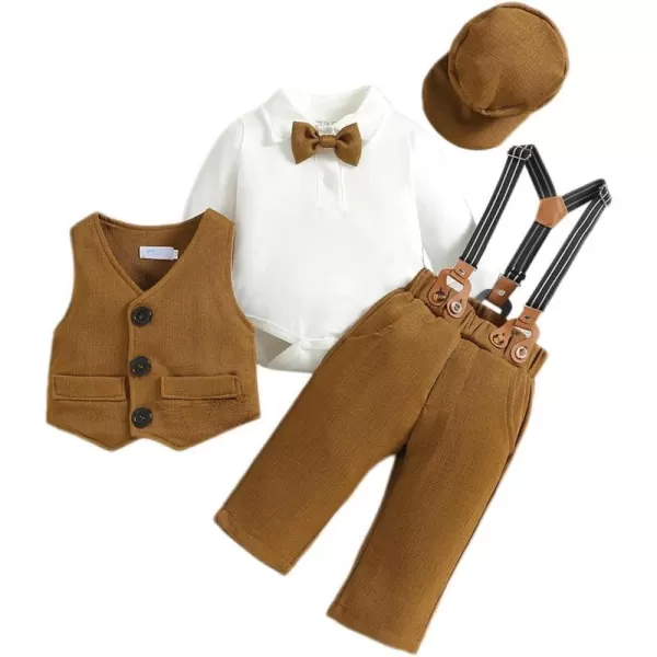 IDOPIP Baby Boy Gentleman Outfit Formal Tuxedo Suit Bowtie Romper Overalls with Vest Hat Birthday Wedding Party ClothesKhaki 5pcs