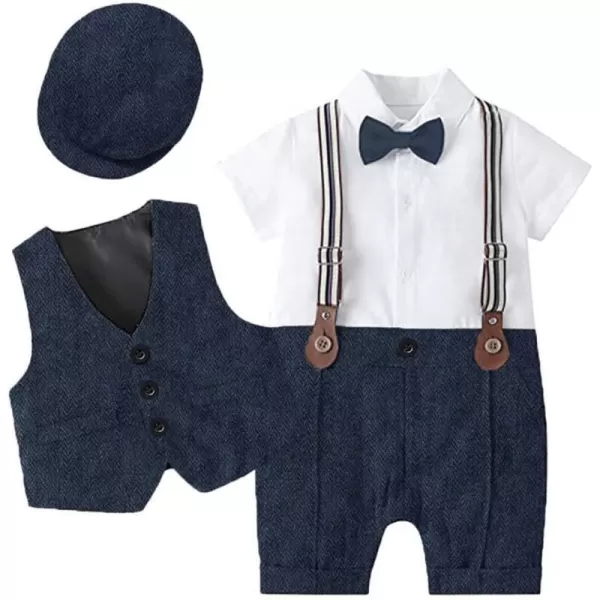 IDOPIP Baby Boy Gentleman Outfit Formal Tuxedo Suit Bowtie Romper Overalls with Vest Hat Birthday Wedding Party ClothesNavy Blue  Short Sleeve