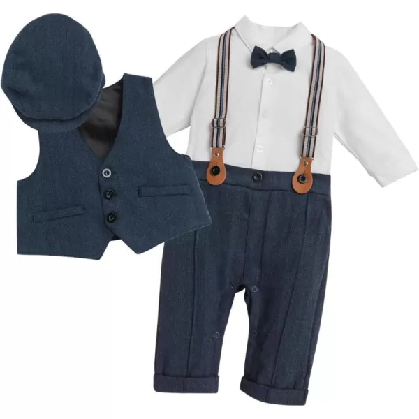 IDOPIP Baby Boy Gentleman Outfit Formal Tuxedo Suit Bowtie Romper Overalls with Vest Hat Birthday Wedding Party ClothesNavy Blue 4pcs