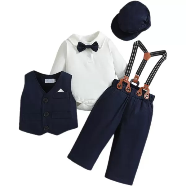 IDOPIP Baby Boy Gentleman Outfit Formal Tuxedo Suit Bowtie Romper Overalls with Vest Hat Birthday Wedding Party ClothesNavy Blue 5pcs