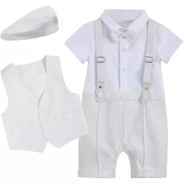 IDOPIP Baby Boy Gentleman Outfit Formal Tuxedo Suit Bowtie Romper Overalls with Vest Hat Birthday Wedding Party ClothesWhite  Short Sleeve