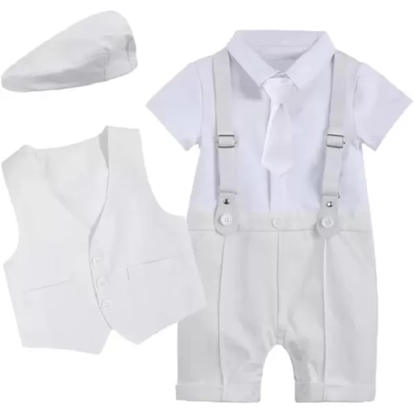 IDOPIP Baby Boy Gentleman Outfit Formal Tuxedo Suit Bowtie Romper Overalls with Vest Hat Birthday Wedding Party ClothesWhite  Short Sleeve Necktie