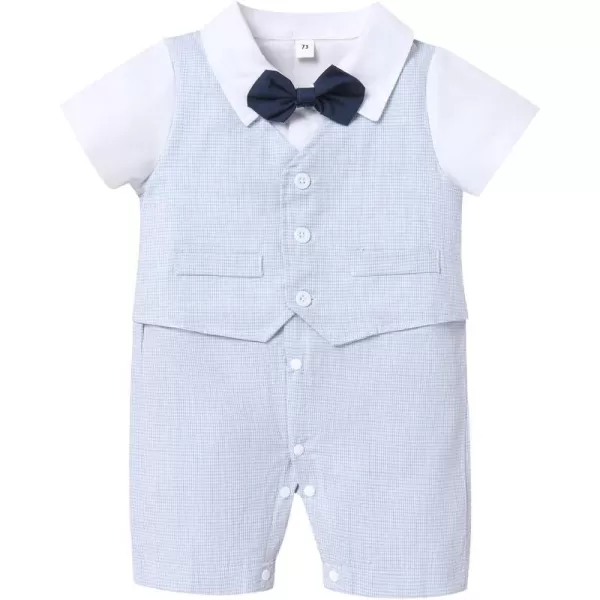 IDOPIP Baby Boy Gentleman White Shirt Waistcoat Bowtie Tuxedo Jumpsuit Overall Romper Birthday Outfit Formal Suit 018MLight Blue  Plaid