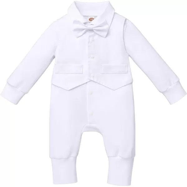 IDOPIP Baby Boy Gentleman White Shirt Waistcoat Bowtie Tuxedo Jumpsuit Overall Romper Birthday Outfit Formal Suit 018MWhite  Long Sleeve