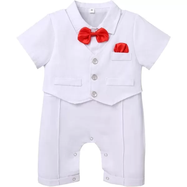 IDOPIP Baby Boy Gentleman White Shirt Waistcoat Bowtie Tuxedo Jumpsuit Overall Romper Birthday Outfit Formal Suit 018MWhite  Red