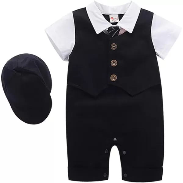 IDOPIP Baby Boy OnePiece Romper Short Sleeve Jumpsuit Gentleman White Shirt Bowtie Tuxedo Birthday Outfit Formal Suit  HatBlack  Hat