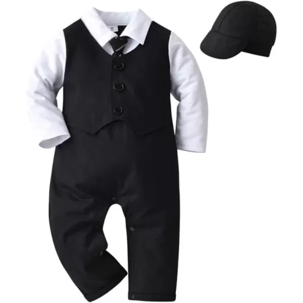 IDOPIP Baby Boy OnePiece Romper Short Sleeve Jumpsuit Gentleman White Shirt Bowtie Tuxedo Birthday Outfit Formal Suit  HatBlack  Hat Long Sleeve