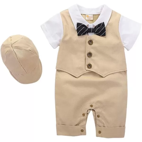 IDOPIP Baby Boy OnePiece Romper Short Sleeve Jumpsuit Gentleman White Shirt Bowtie Tuxedo Birthday Outfit Formal Suit  HatKhaki  Hat