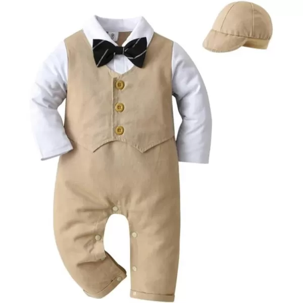 IDOPIP Baby Boy OnePiece Romper Short Sleeve Jumpsuit Gentleman White Shirt Bowtie Tuxedo Birthday Outfit Formal Suit  HatKhaki  Hat Long Sleeve