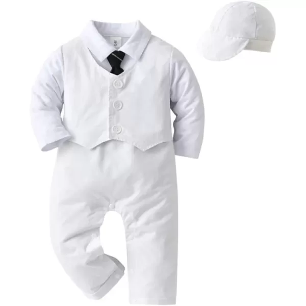 IDOPIP Baby Boy OnePiece Romper Short Sleeve Jumpsuit Gentleman White Shirt Bowtie Tuxedo Birthday Outfit Formal Suit  HatWhite  Hat Long Sleeve