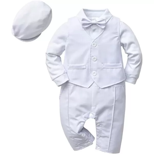 IDOPIP Baby Boy OnePiece Romper Short Sleeve Jumpsuit Gentleman White Shirt Bowtie Tuxedo Birthday Outfit Formal Suit  HatWhite 3pcs