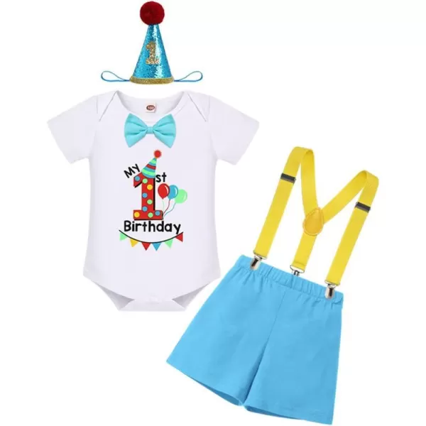 IDOPIP Baby Boys 1st 2nd Birthday Cake Smash Outfit Bowtie Romper Suspenders Shorts Pants Headband Clothes Set for Photo PropBlue  Hat