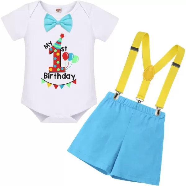 IDOPIP Baby Boys 1st 2nd Birthday Cake Smash Outfit Bowtie Romper Suspenders Shorts Pants Headband Clothes Set for Photo PropBlue