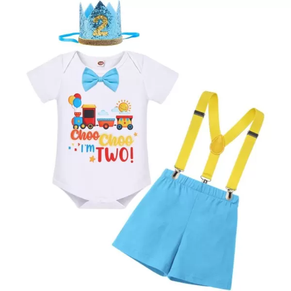 IDOPIP Baby Boys 1st 2nd Birthday Cake Smash Outfit Bowtie Romper Suspenders Shorts Pants Headband Clothes Set for Photo PropBlue Train Two