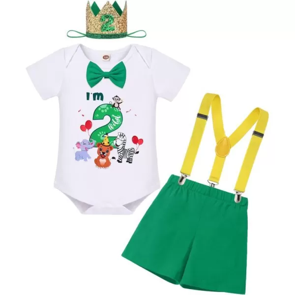 IDOPIP Baby Boys 1st 2nd Birthday Cake Smash Outfit Bowtie Romper Suspenders Shorts Pants Headband Clothes Set for Photo PropGreen Animals  Im 2