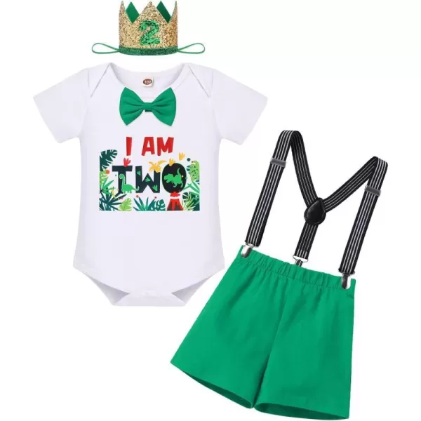 IDOPIP Baby Boys 1st 2nd Birthday Cake Smash Outfit Bowtie Romper Suspenders Shorts Pants Headband Clothes Set for Photo PropGreen Jungle Two