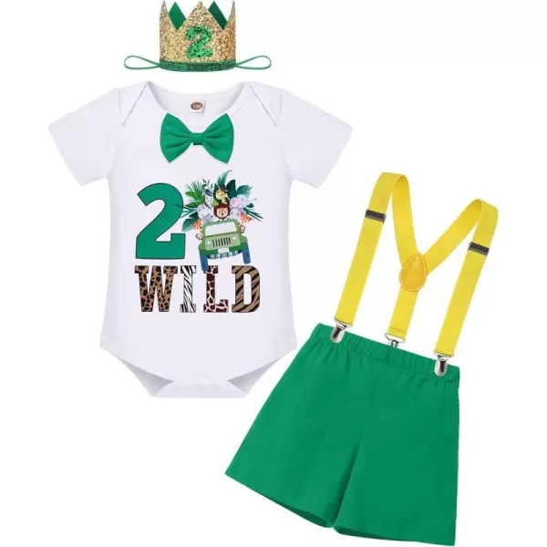 IDOPIP Baby Boys 1st 2nd Birthday Cake Smash Outfit Bowtie Romper Suspenders Shorts Pants Headband Clothes Set for Photo PropGreen Wild 2