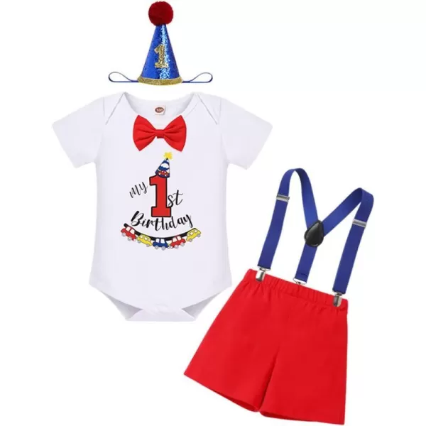 IDOPIP Baby Boys 1st 2nd Birthday Cake Smash Outfit Bowtie Romper Suspenders Shorts Pants Headband Clothes Set for Photo PropRed  Hat