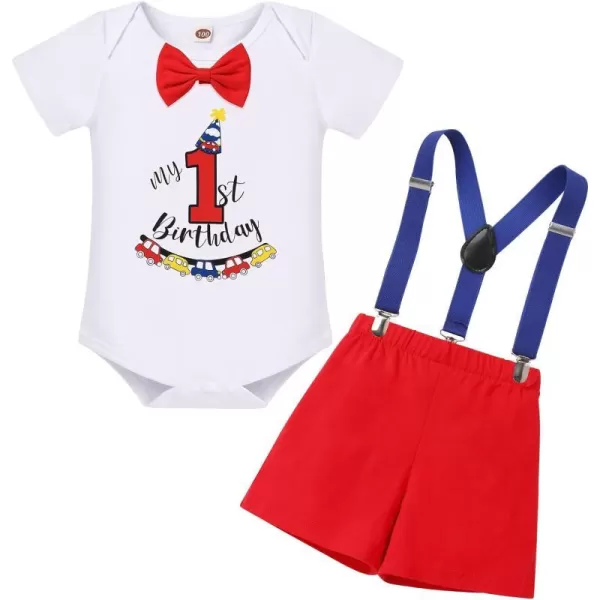 IDOPIP Baby Boys 1st 2nd Birthday Cake Smash Outfit Bowtie Romper Suspenders Shorts Pants Headband Clothes Set for Photo PropRed