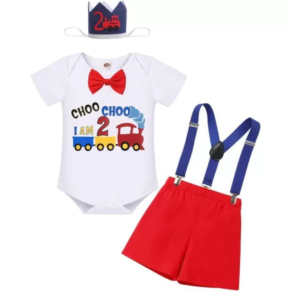 IDOPIP Baby Boys 1st 2nd Birthday Cake Smash Outfit Bowtie Romper Suspenders Shorts Pants Headband Clothes Set for Photo PropRed Train  I Am Two