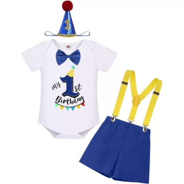 IDOPIP Baby Boys 1st 2nd Birthday Cake Smash Outfit Bowtie Romper Suspenders Shorts Pants Headband Clothes Set for Photo PropRoyal Blue  Hat