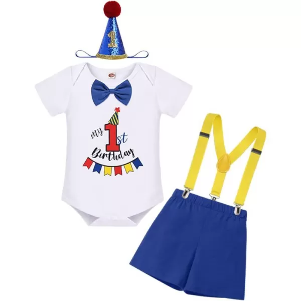 IDOPIP Baby Boys 1st 2nd Birthday Cake Smash Outfit Bowtie Romper Suspenders Shorts Pants Headband Clothes Set for Photo PropRoyal Blue  Red  Hat