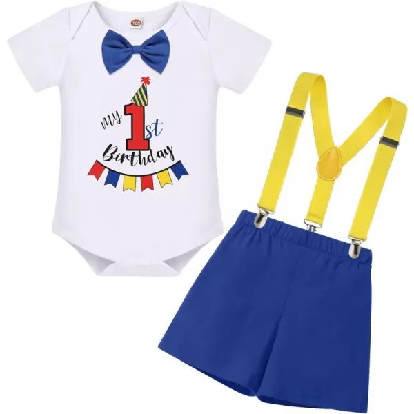 IDOPIP Baby Boys 1st 2nd Birthday Cake Smash Outfit Bowtie Romper Suspenders Shorts Pants Headband Clothes Set for Photo PropRoyal Blue  Red