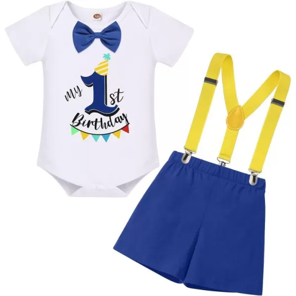 IDOPIP Baby Boys 1st 2nd Birthday Cake Smash Outfit Bowtie Romper Suspenders Shorts Pants Headband Clothes Set for Photo PropRoyal Blue