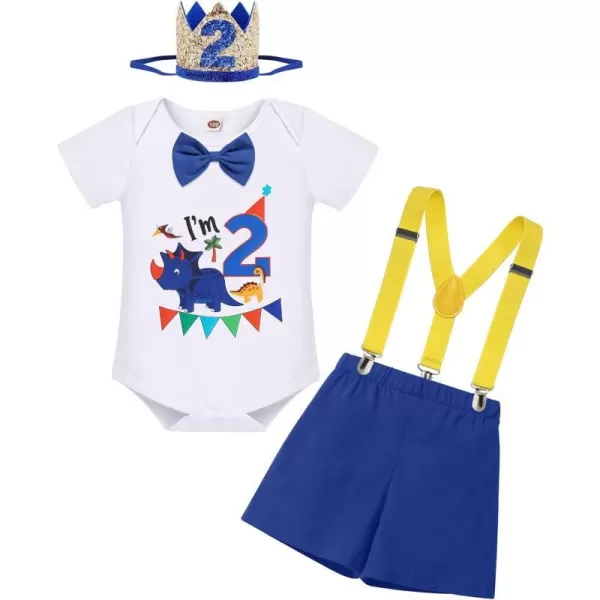 IDOPIP Baby Boys 1st 2nd Birthday Cake Smash Outfit Bowtie Romper Suspenders Shorts Pants Headband Clothes Set for Photo PropRoyal Blue Dinosaur 2