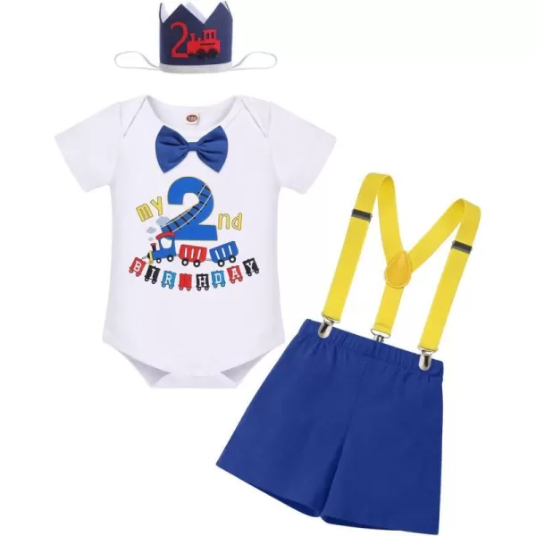 IDOPIP Baby Boys 1st 2nd Birthday Cake Smash Outfit Bowtie Romper Suspenders Shorts Pants Headband Clothes Set for Photo PropRoyal Blue Train  2nd Birthday