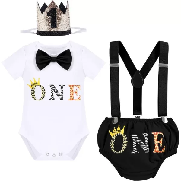 IDOPIP Baby Boys 1st Birthday Cake Smash Outfit Bowtie Romper Suspenders Shorts Pants Set with Lion Headband 4PCS Photo PropsBlack One