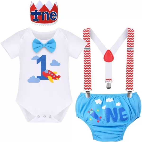 IDOPIP Baby Boys 1st Birthday Cake Smash Outfit Bowtie Romper Suspenders Shorts Pants Set with Lion Headband 4PCS Photo PropsBlue Airplane