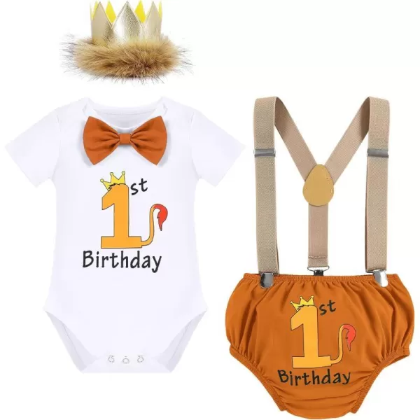 IDOPIP Baby Boys 1st Birthday Cake Smash Outfit Bowtie Romper Suspenders Shorts Pants Set with Lion Headband 4PCS Photo PropsBrown 1st Birthday