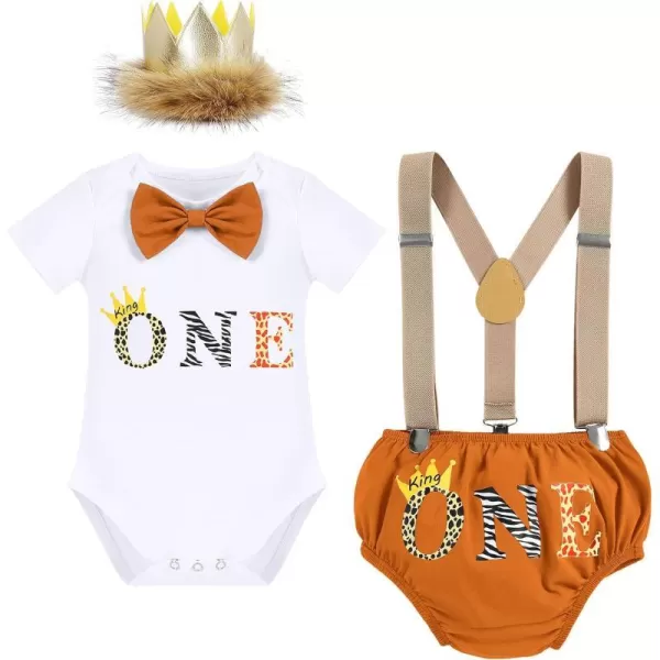 IDOPIP Baby Boys 1st Birthday Cake Smash Outfit Bowtie Romper Suspenders Shorts Pants Set with Lion Headband 4PCS Photo PropsBrown One