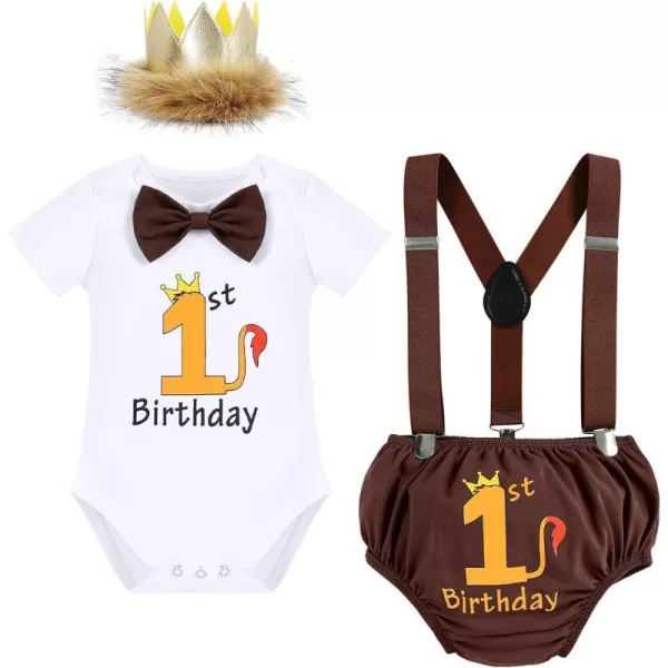 IDOPIP Baby Boys 1st Birthday Cake Smash Outfit Bowtie Romper Suspenders Shorts Pants Set with Lion Headband 4PCS Photo PropsCoffee 1st Birthday