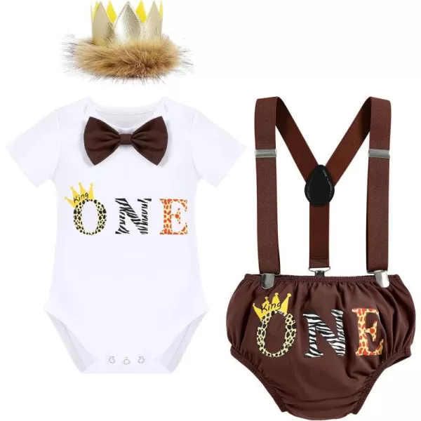 IDOPIP Baby Boys 1st Birthday Cake Smash Outfit Bowtie Romper Suspenders Shorts Pants Set with Lion Headband 4PCS Photo PropsCoffee One