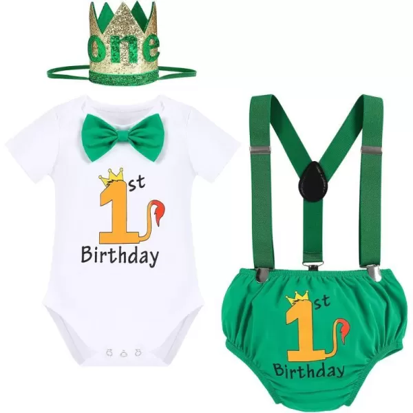 IDOPIP Baby Boys 1st Birthday Cake Smash Outfit Bowtie Romper Suspenders Shorts Pants Set with Lion Headband 4PCS Photo PropsGreen 1st Birthday