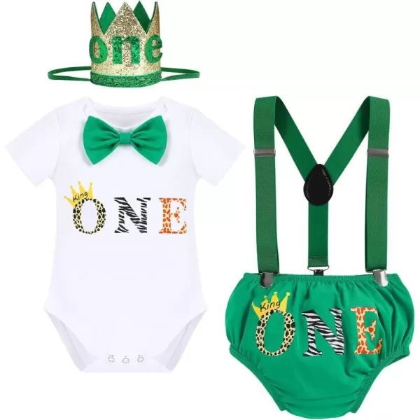 IDOPIP Baby Boys 1st Birthday Cake Smash Outfit Bowtie Romper Suspenders Shorts Pants Set with Lion Headband 4PCS Photo PropsGreen One