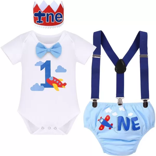 IDOPIP Baby Boys 1st Birthday Cake Smash Outfit Bowtie Romper Suspenders Shorts Pants Set with Lion Headband 4PCS Photo PropsLight Blue Airplane