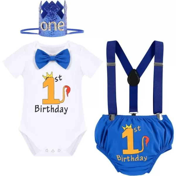 IDOPIP Baby Boys 1st Birthday Cake Smash Outfit Bowtie Romper Suspenders Shorts Pants Set with Lion Headband 4PCS Photo PropsRoyal Blue 1st Birthday