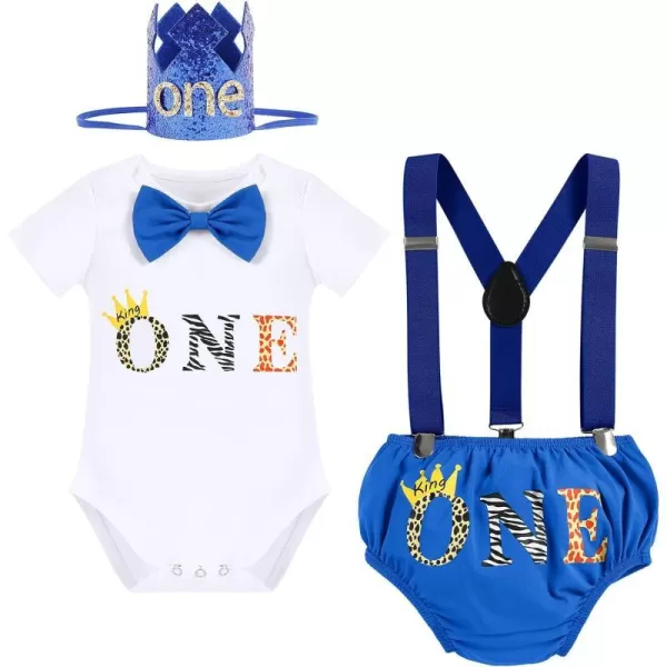 IDOPIP Baby Boys 1st Birthday Cake Smash Outfit Bowtie Romper Suspenders Shorts Pants Set with Lion Headband 4PCS Photo PropsRoyal Blue One