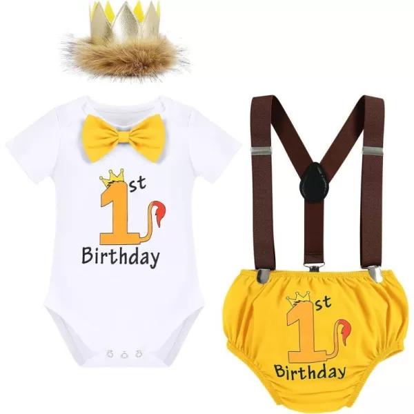 IDOPIP Baby Boys 1st Birthday Cake Smash Outfit Bowtie Romper Suspenders Shorts Pants Set with Lion Headband 4PCS Photo PropsYellow 1st Birthday